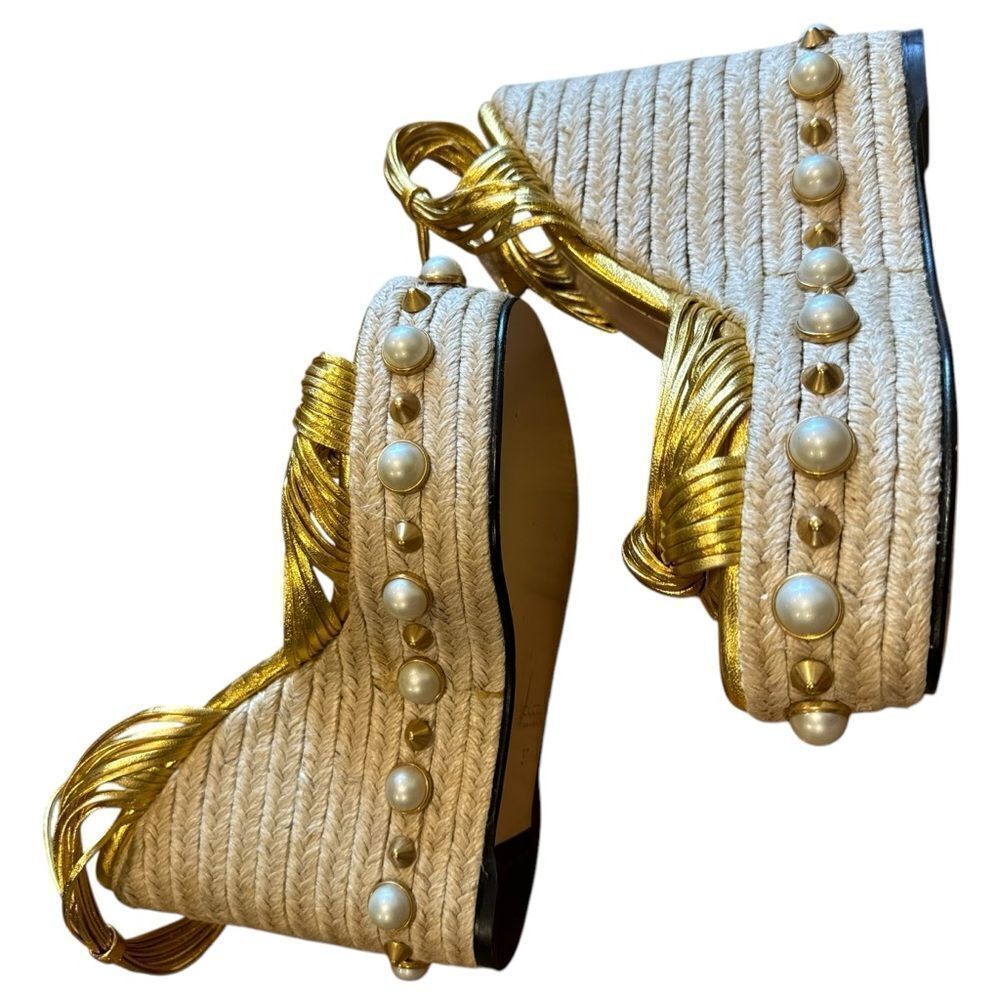 Gucci Barbette Knotted Leather Gold Metallic Pearl Platform Wedge Sandals - Picture 13 of 16